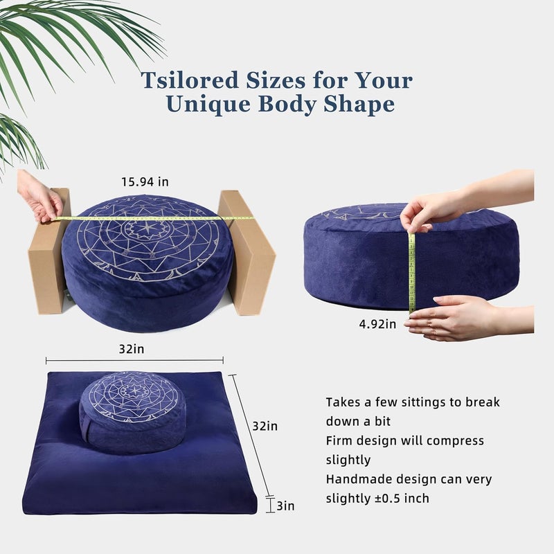 ellier Zafu & Zabuton Meditation Cushion Set - Buckwheat Hull & Memory Foam Pillows, Ergonomic Support for Yoga, Mindfulness - Organic Velvet Cover, Large Size, Durable Comfort (Dark Blue) - Image 2